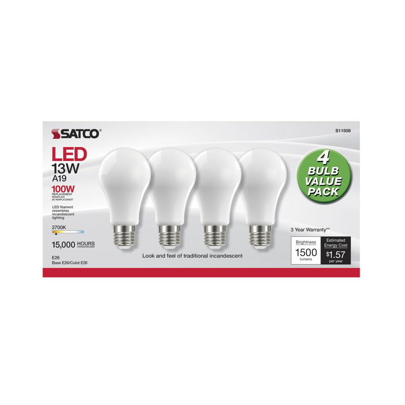 Satco S11508 / 13W / A19 / Warm White / FR / LED / E26 / 827 / 120V / 4 PK / Box