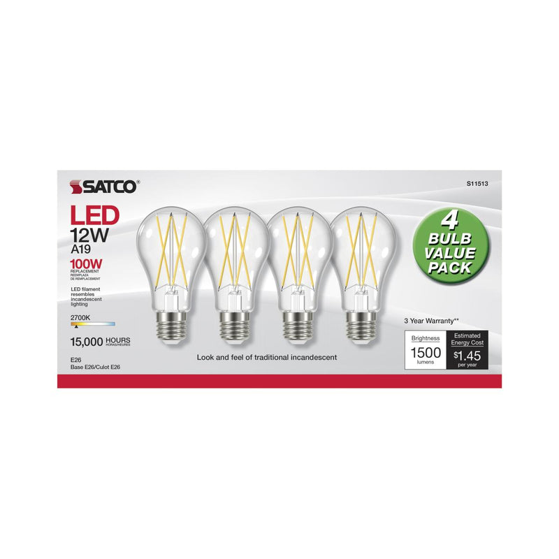 Satco S11513 / 12W / A19 / Warm White / CL / LED / E26 / 827 / 120V / 4 PK / Box