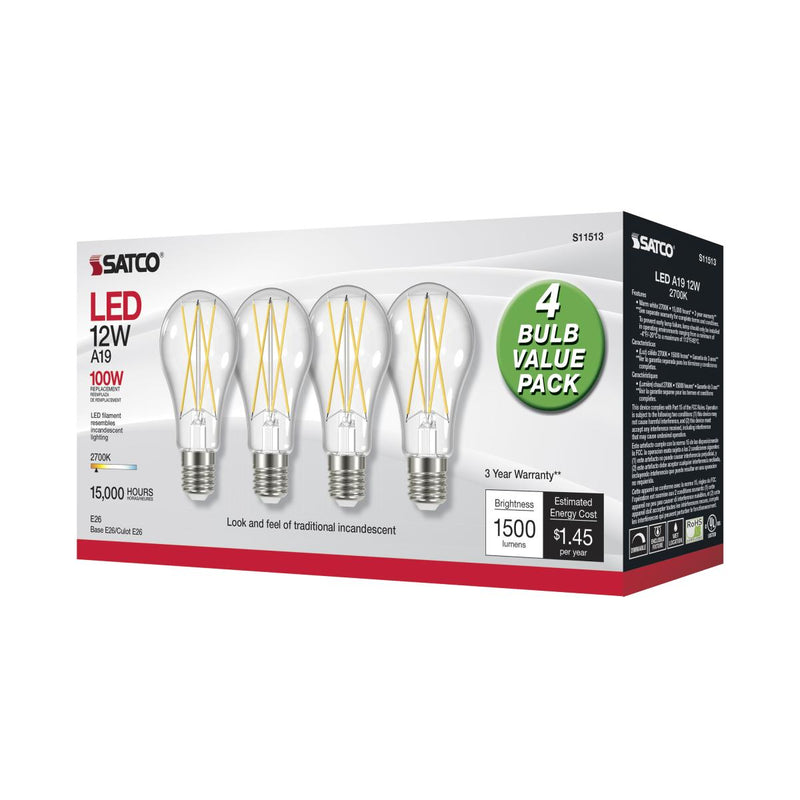 Satco S11513 / 12W / A19 / Warm White / CL / LED / E26 / 827 / 120V / 4 PK / Box