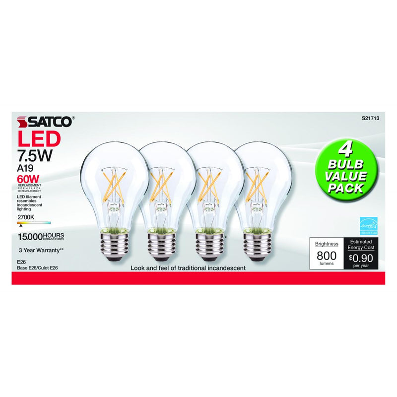 Satco S21713 / 7.5W / A19 / CL / Warm White / LED / E26 / 27K / 120V / 4PK / Box