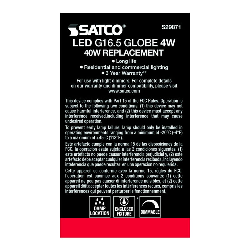 Satco S29871 / 4W / G16 1/2 / Warm White / LED / CL / 27K / 120V / E12 / Box