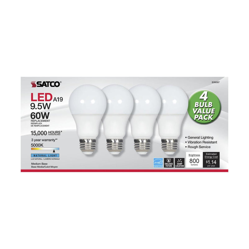 Satco S39597 / 9.5W / A19 / Natural Light / LED / 850 ND / 120V / Box / 4 PK