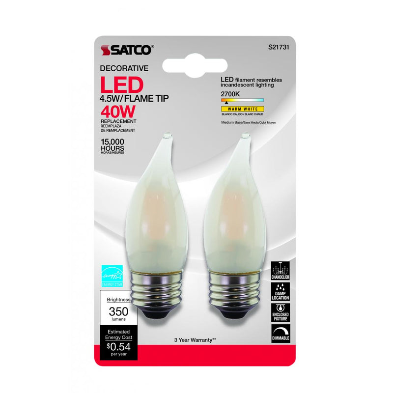 Satco S21731 / 4.5W / EFF / CA10 / Warm White / LED / 27K / FR / 120V / 2CD / Carded