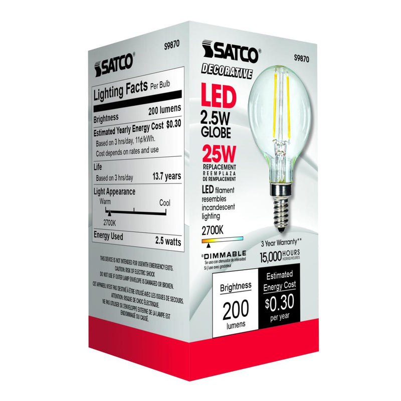 Satco S9870 / 2.5W / G16 1/2 / Warm White / CL / 27K / 120V / E12 / Box